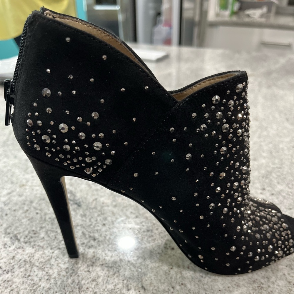 EUC INC Black Suede with Rhinestone Booties Size 7.5